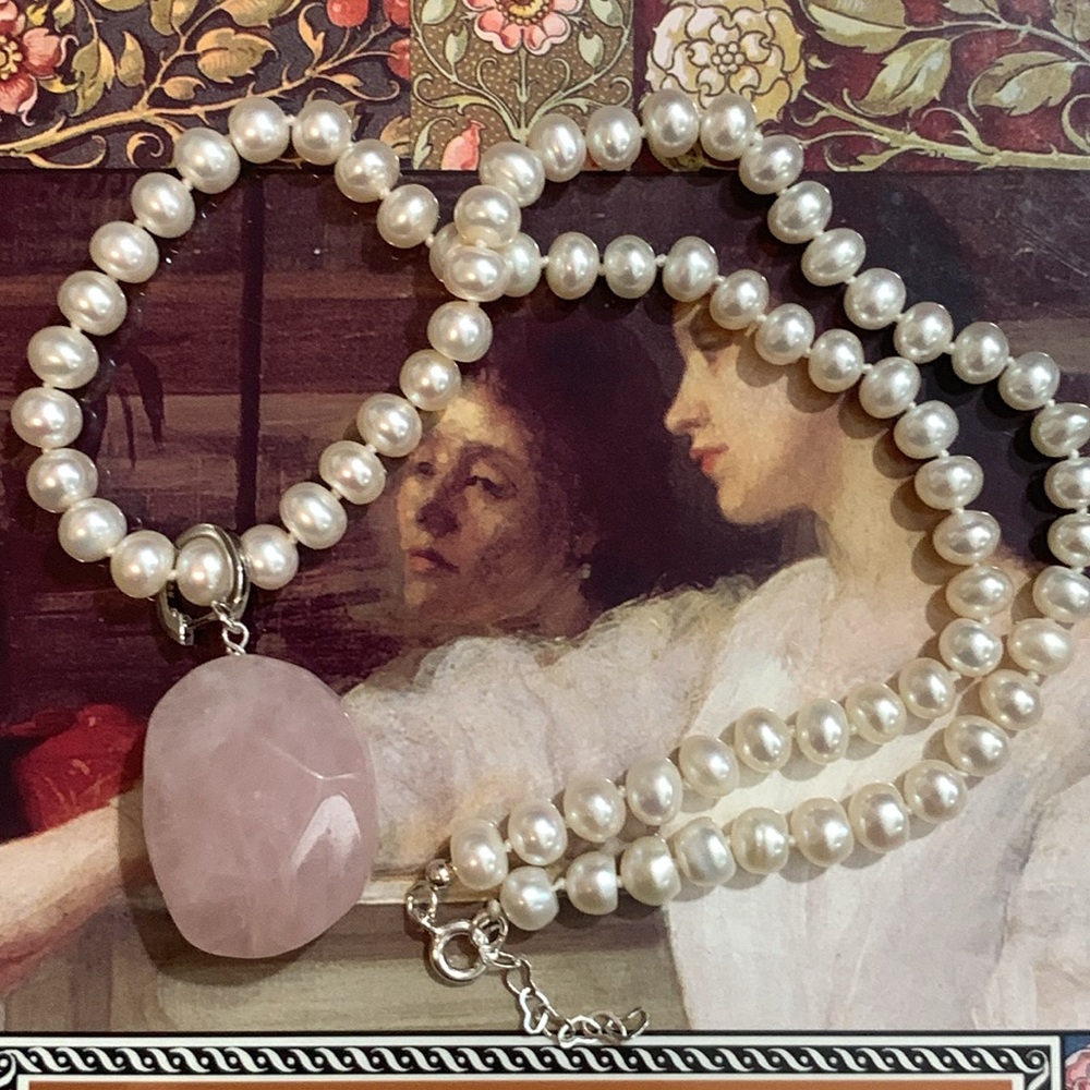 Freshwater pearl and pink quartz necklace in sterling silver. 17.5 in